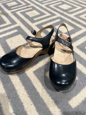 Dansko Black Leather Mary Jane Clogs with Buckle Strap